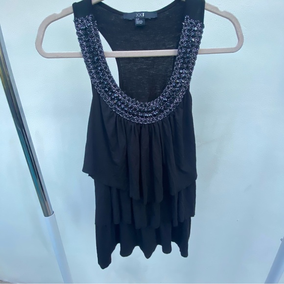 Forever 21 Tops - Y2K Forever 21 Black Ruffled Rhinestone Tank Top Size Small